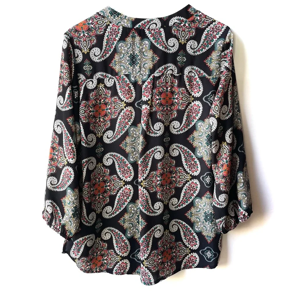 Alice Blue Black Multicolor Paisley Floral Print Split Neck Long Sleeve Top - Picture 6 of 14